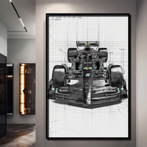 F1赛车挂画梅奔手绘手稿周边海报壁画车库电竞游戏房间客厅装饰画