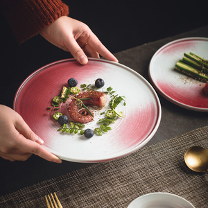 日式美人霁红西餐盘子牛排盘复古创意渐变冷菜摆盘餐具甜品盘意面