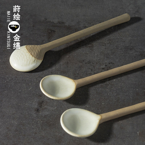 全手工复古咖啡勺子汤匙日式陶瓷长柄咖啡匙小勺子创意粗陶搅拌勺
