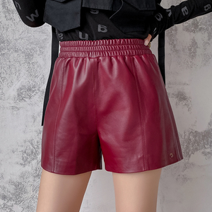 真皮短裤女春秋款酒红色进口羊皮靴裤松紧腰百搭显瘦绵羊皮阔腿裤