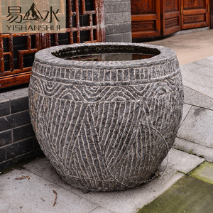 易山水石雕鱼缸花盆青石条纹雕刻圆形石槽石缸庭院园林装饰石头缸