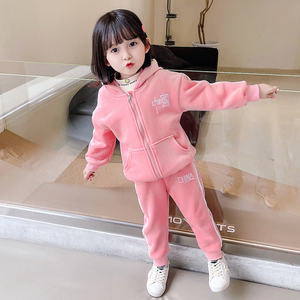 女童套装金丝绒秋冬装加绒运动两件套2023洋气小孩开衫中国风衣服