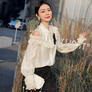 欧货个性花边拼接天丝衬衫女春夏新款露肩淑女衬衣时尚气质上衣潮