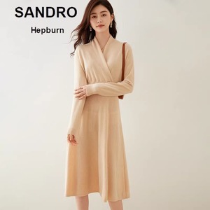 sandro Hepburn秋冬新款针织打底裙交叉领长款毛衣裙羊绒连衣裙女