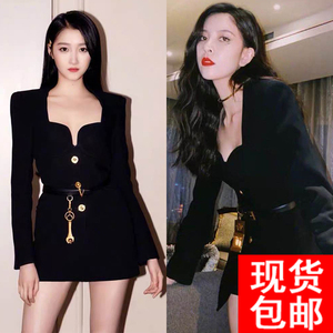 关晓彤宋妍霏同款法式复古方领黑色西装连衣裙收腰显瘦气质a字裙