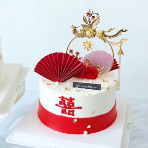 订婚情侣中国风纸折扇ins结婚生日蛋糕插件凤凰摆件网红宫廷装饰