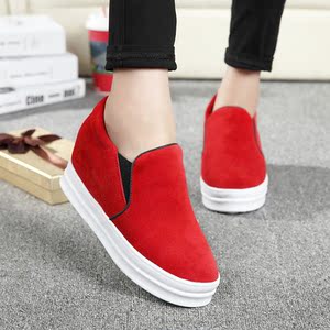 真皮红色乐福鞋女秋2017新款潮百搭韩版厚底一脚蹬休闲内增高女鞋