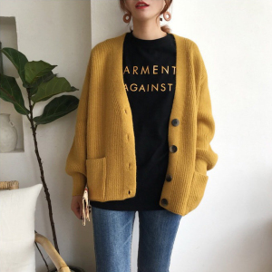 姜黄色毛衣外套女韩国外搭长袖上衣复古港味矮个子网红针织开衫女