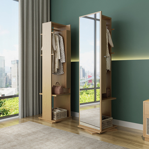 简约现代实木落地全身穿衣镜收纳挂衣柜一体旋转衣帽架首饰化妆柜