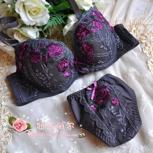 日系灰黑色刺绣薄罩杯 性感聚拢三3排扣内衣文胸套装75c