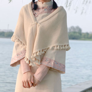 复古盘扣披肩秋季民国风汉服古风针织围巾小外套旗袍外搭配裙子女