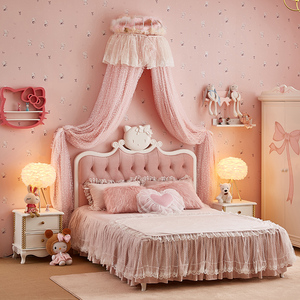 儿童床女孩欧式实木床简约现代布艺床hellokitty女童床公主床白色