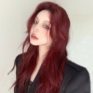 假发女长发全头套式中分刘海中长发自然酒红色微卷发lolita假发套