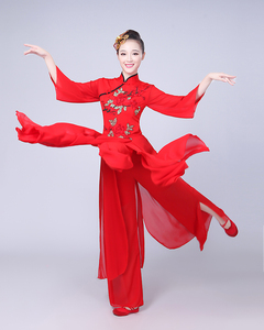 古典舞蹈服女扇子舞伞舞九儿演出服装表演服红色飘逸秧歌服女成人