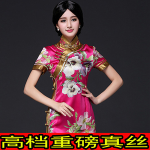可定制春夏旗袍连衣裙中长款修身桑蚕丝重磅真丝真开襟宽边旗袍