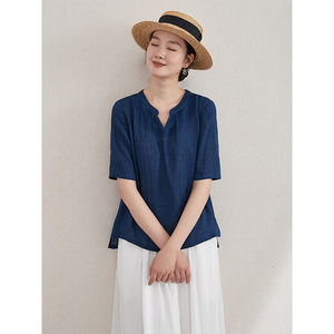 如也原创设计夏季新款小趴领v领抽褶t恤 亚麻中式半袖上衣 傲南