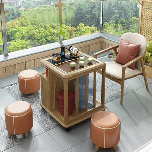 阳台实木小茶台桌椅组合带升降电磁炉家用功夫茶几多功能移动茶车