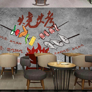 烧烤店壁纸水泥墙壁画手绘墙模板diy涂鸦彩绘模具撸串烤鱼主题墙