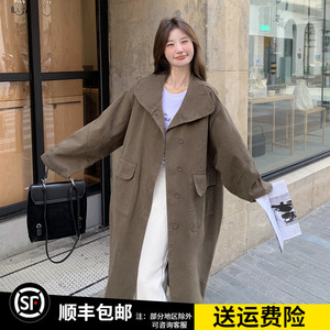 chic宽松慵懒风韩版工装风衣女2024年秋新款长款过膝港风大衣外套