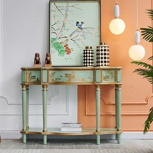 法式奢华描金入户实木玄关台桌复古绿橙色别墅门厅过道走廊玄关柜