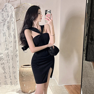 直播衣服主播上镜高级性感露肩不规则收腰显瘦开叉短裙礼服小黑裙