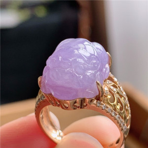 6月新品 鸿玉翡翠18k金镶嵌冰糯种紫罗兰招财貔貅精美戒指a770604