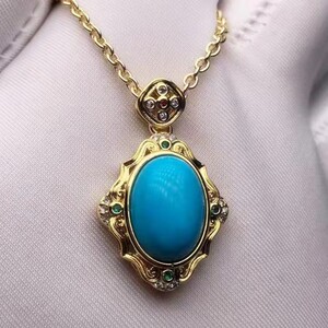 湖北十堰云盖寺天然绿松石高瓷蓝鹅蛋面镶嵌吊坠 项链 18k金