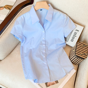 职业短袖蓝色衬衫女夏季薄款前台工装白色衬衣气质正装上衣工作服