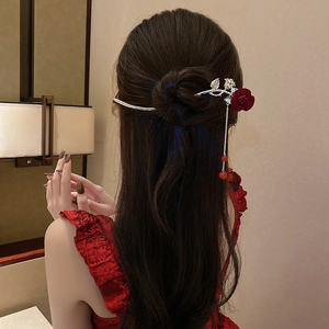 气质中国风玫瑰发簪古风步摇精致流苏簪子高级感复古汉服新娘头饰