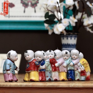 复古做旧中国风陶瓷娃娃摆件创意老鹰抓小鸡客厅桌面装饰品