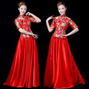 大合唱团女长裙民族舞蹈服装古典民乐二胡古筝开场舞大摆裙演出服