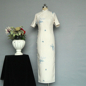 淑缘青竹2020夏季日常复古全开襟连肩四分袖修身长旗袍新款