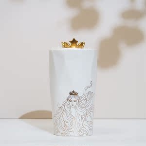 星巴克50周年杯子双鱼尾金色皇冠复古女神双层陶瓷多菱形马克水杯