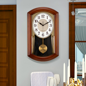 整点报时钟表挂钟中式复古客厅实木摇摆挂表家用创意挂墙静音时钟
