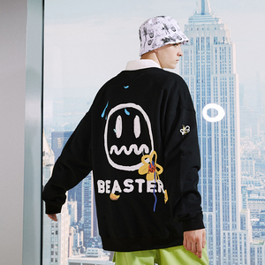 beaster小恶魔笑脸橙色圆领卫衣鬼脸印花男女情侣套头宽松帽衫潮