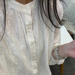 新中式蕾丝灯笼袖衬衫女夏季胖mm小众短款刺绣丝绵纱空调防晒衫薄
