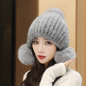 水貂毛皮草编织女帽三球帽秋冬保暖御寒时尚百搭皮草帽子