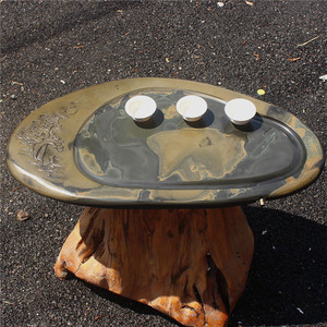 歙砚原石茶盘 山居图排水石茶盘天然龙尾砚石茶海端砚石头石茶台