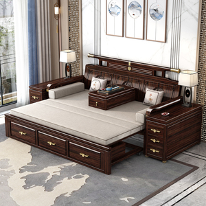 新中式实木罗汉床罗汉榻中式家用客厅推拉伸缩两用沙发床紫金檀木