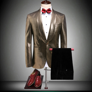 歌手演出服金色亮面西服套装男晚会司仪主持人服装西装男晚礼服潮