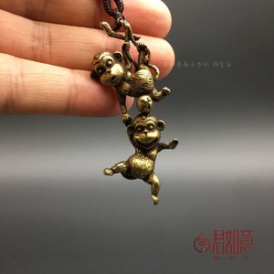 实心黄铜小猴子挂件 全铜两个猴子可爱猴子捞月生肖铜猴子钥匙扣
