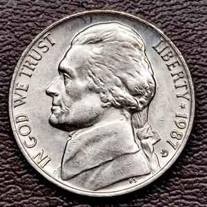 美品美国1987年d版5美分铜镍硬币 杰斐逊 蒙蒂塞洛庄园21.2mm钱币