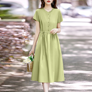清新绿色全棉连衣裙女短袖中长款2024夏新款收腰显瘦气质减龄裙子