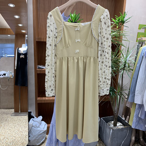 蕾妮renee春季新款韩版chic拼接袖连衣裙中长款收腰显瘦仙女裙子