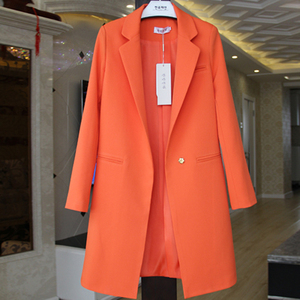 韩国橘色西装女春秋新款中长款大码宽松显瘦外套时尚气质职业西服