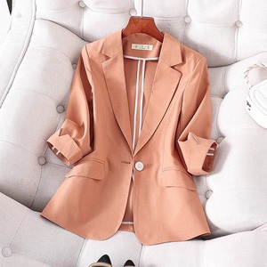 橙色小西装外套女夏季薄款2024新款小个子休闲修身七分袖西服上衣