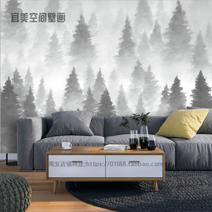 定制简约现代沙发客厅卧室墙纸黑白灰色森林墙纸北欧电视背景壁纸