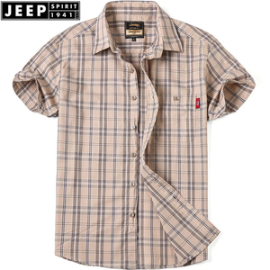 JEEP/吉普夏季纯棉短袖衬衫旗舰店正品休闲格子中年男式大码衬衣
