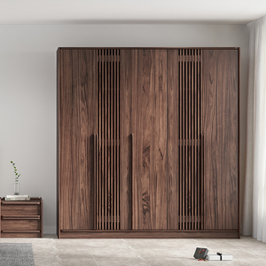 北欧黑胡桃木格栅衣柜现代简约全实木卧室平开门原木衣柜组合衣橱