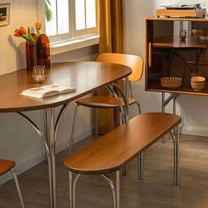 中古风实木餐桌椅组合不锈钢桌腿复古小户型椭圆形饭桌子家用圆桌